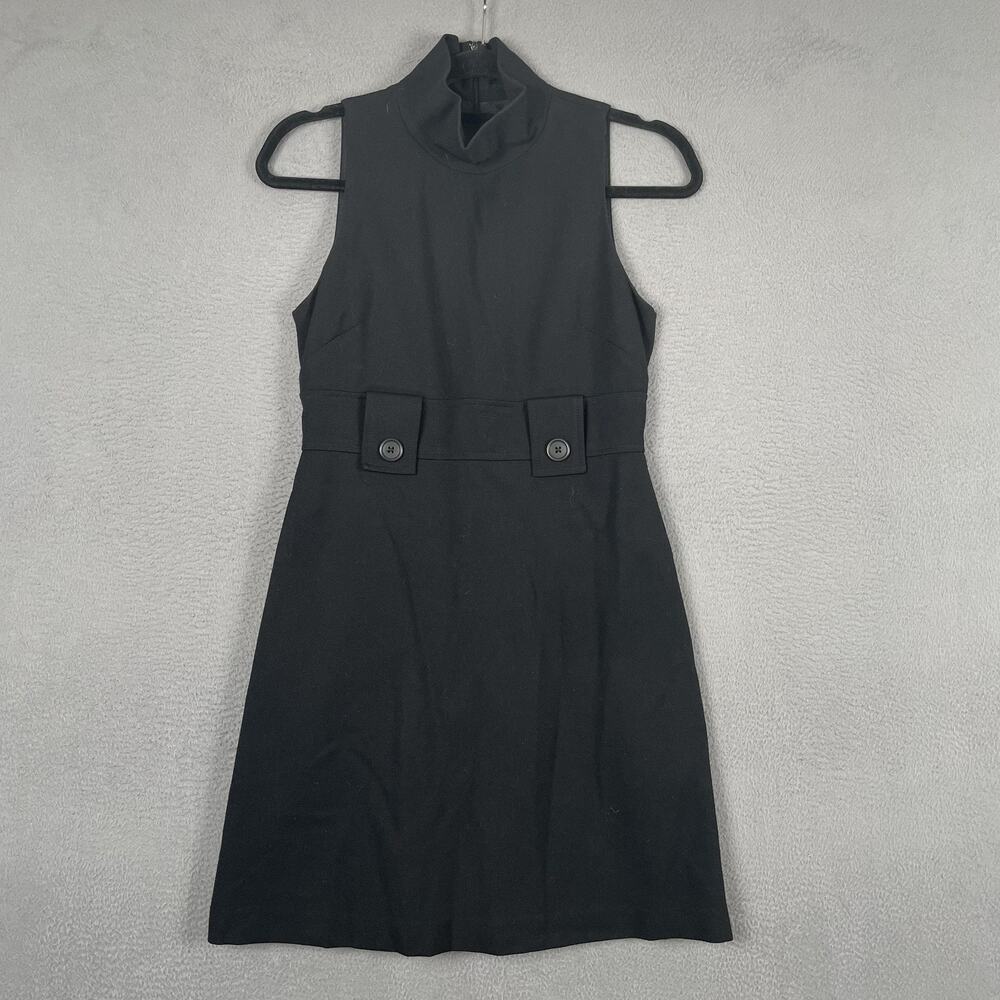 Vintage Banana Republic Dress Womens 4P Black Wool Mock Neck A Line Button Waist